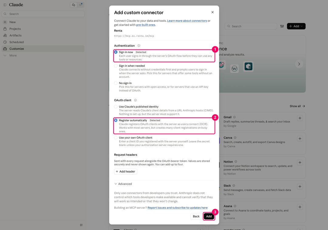 Второй шаг диалога Add custom connector: варианты Sign in now и Register automatically отмечены меткой Detected