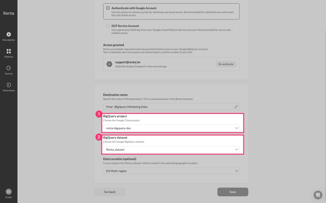 Specify Project ID and Dataset