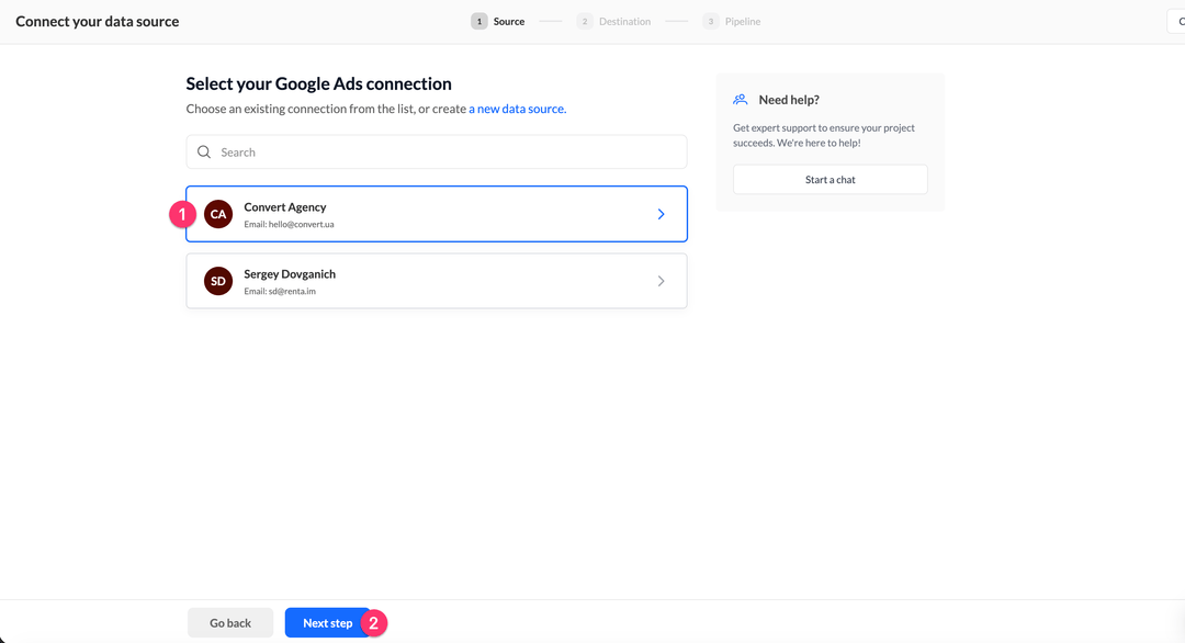 Choose Google Ads connection