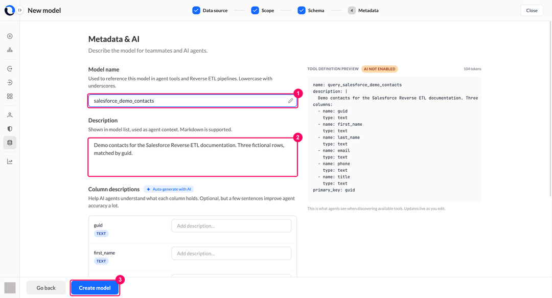 Шаг Metadata с полями имени и описания модели и кнопкой Create model