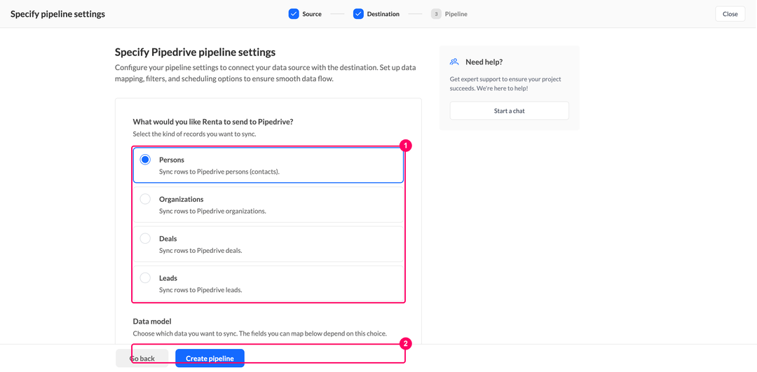 Настройки пайплайна Pipedrive с выбором объекта и списком моделей данных