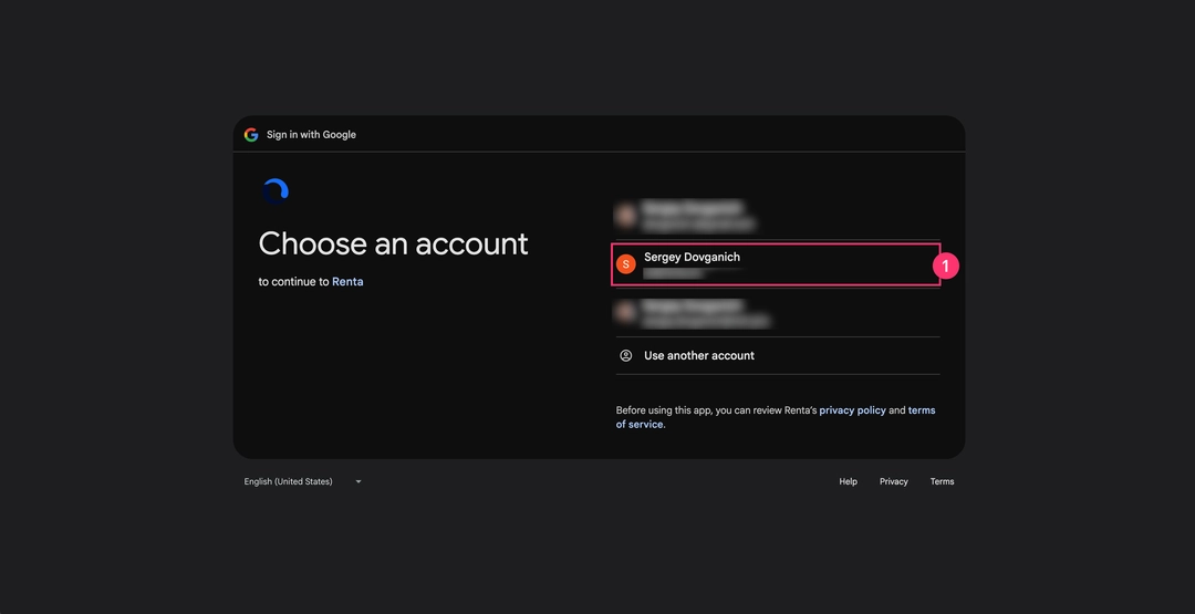 Выбор аккаунта для продолжения в Renta