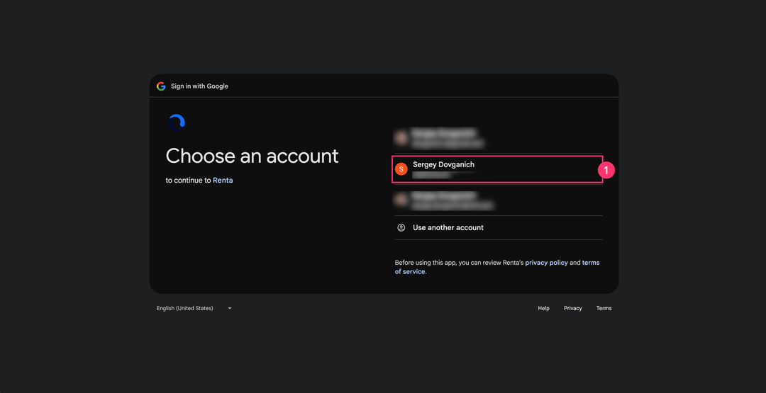 Выбор аккаунта для продолжения в Renta