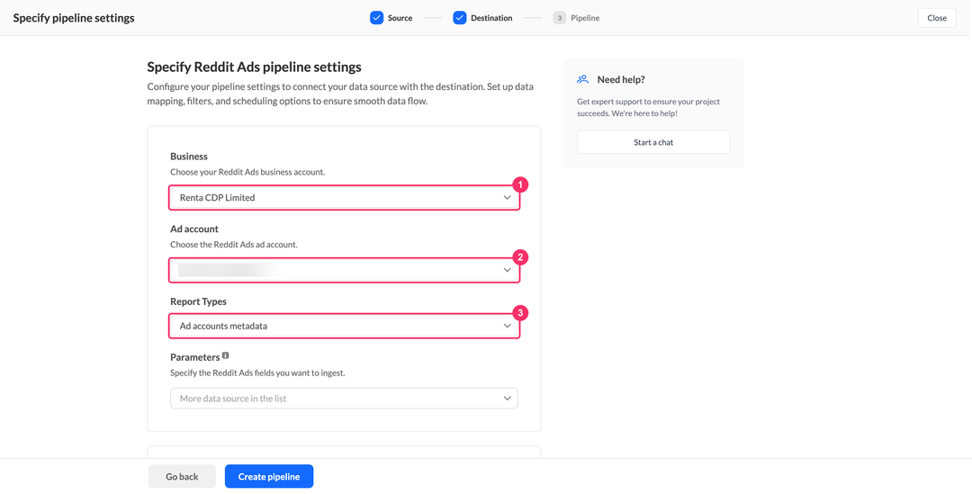 Reddit Ads business, ad account, and report type selection