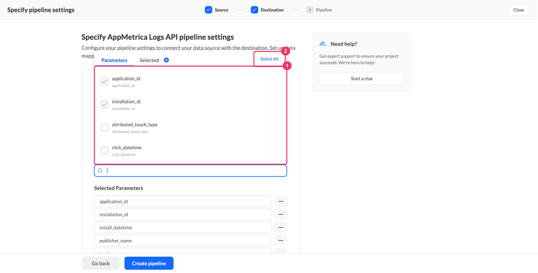 Выбор параметров AppMetrica Logs API с плоским списком полей, кнопкой Select All и списком Selected Parameters