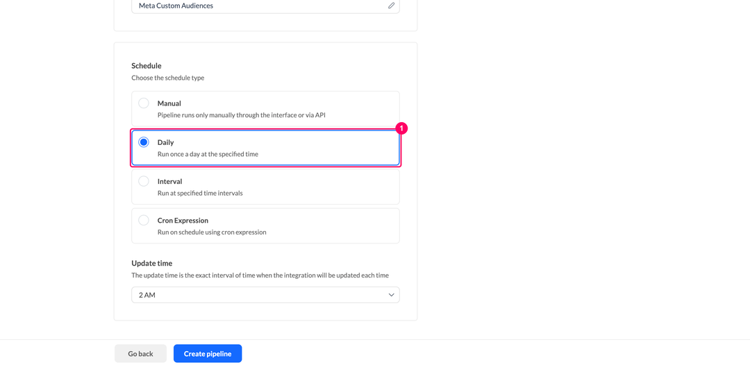 Schedule type selection for the Meta Custom Audiences pipeline