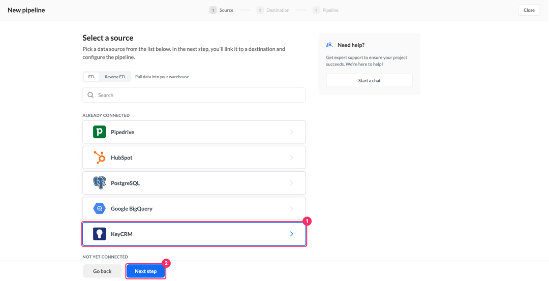 Select a source step with KeyCRM under Already connected
