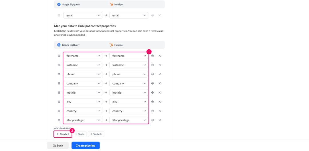 Mapping data model columns to HubSpot contact properties