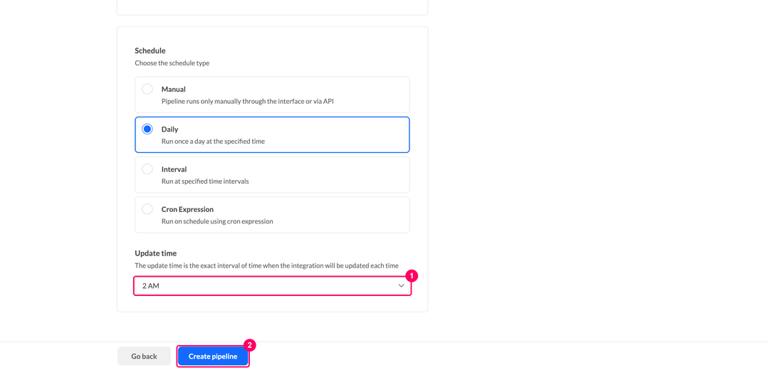 Выпадающий список Update time и кнопка Create pipeline