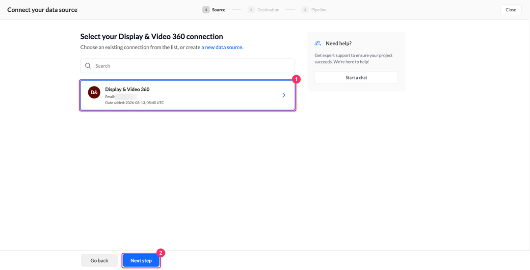 Select your Display & Video 360 connection step with the authorized account on the card