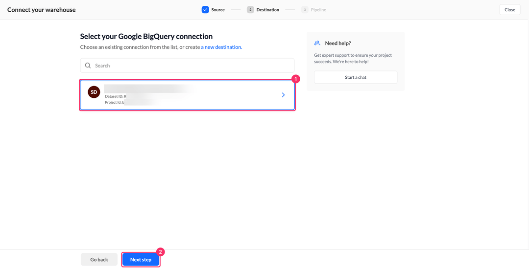 Select your destination connection step with the dataset and project identifiers on the card