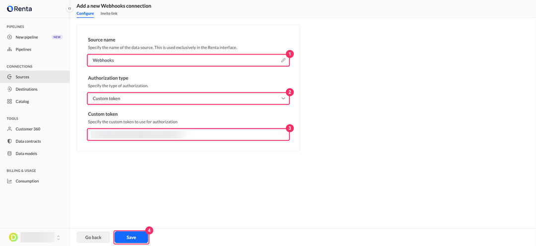 Webhooks connection form with the Custom token field filled in and the Save button