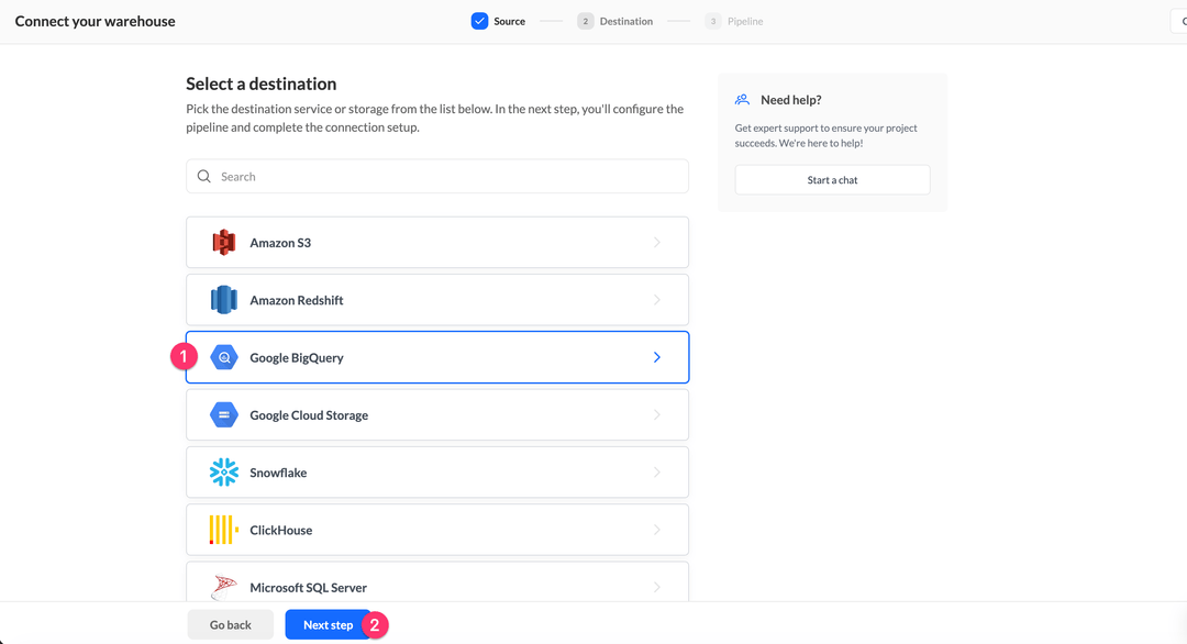Select Google BigQuery as destination