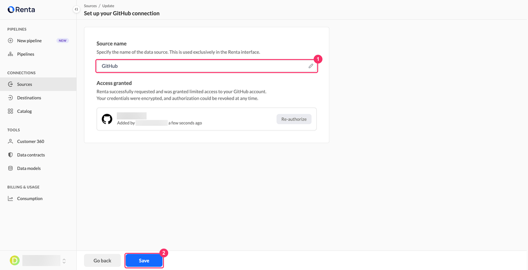 Настройка подключения GitHub с полем имени источника, подключённым аккаунтом и кнопкой Save