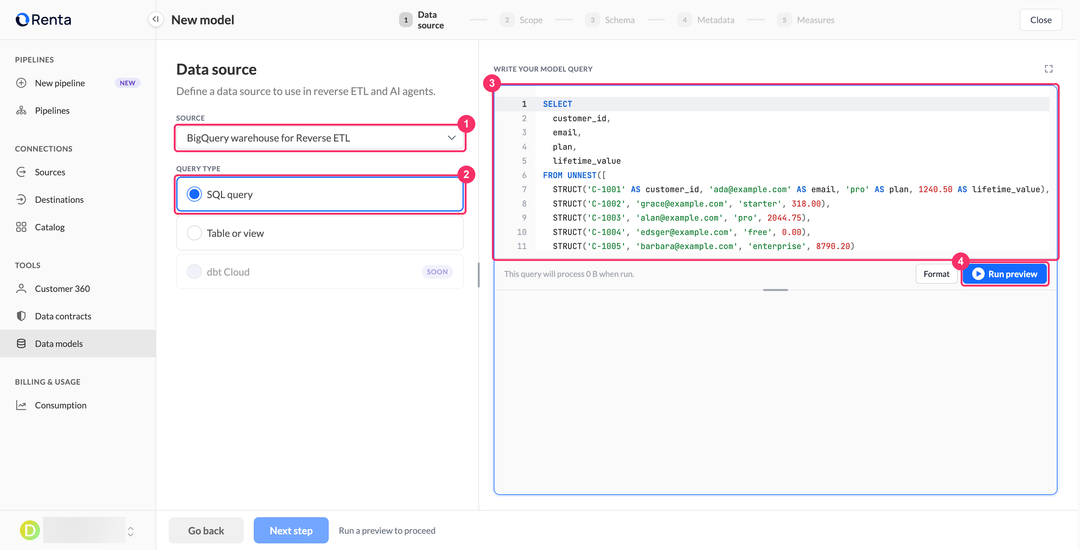 Шаг Data source мастера модели с выбором типа запроса и SQL-редактором