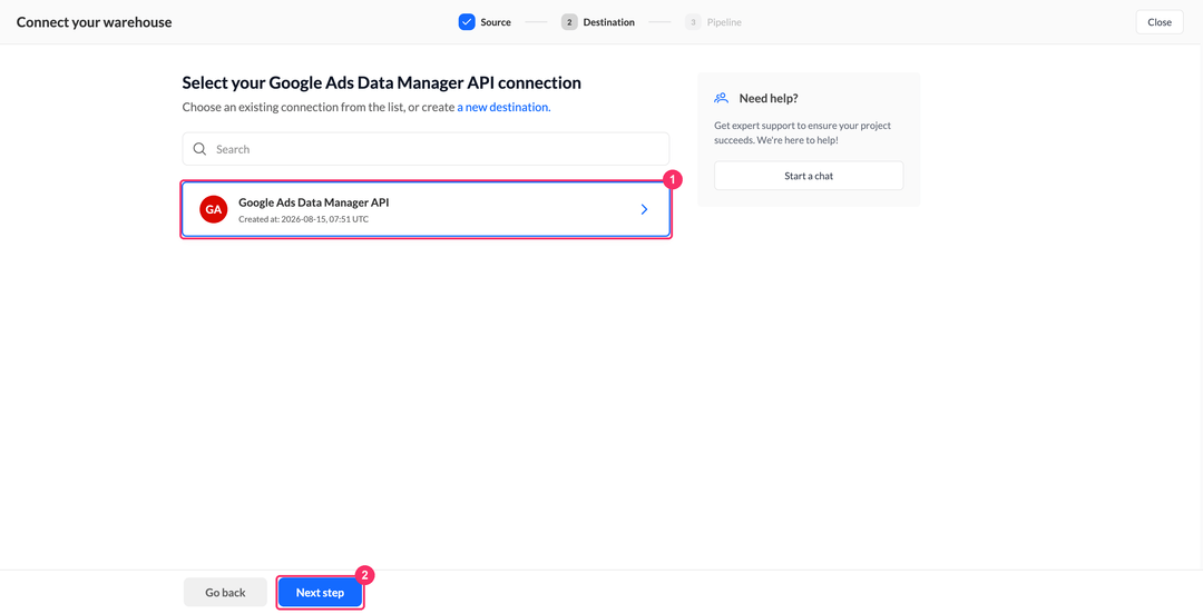 Шаг выбора подключения Google Ads Data Manager API с карточкой подключения