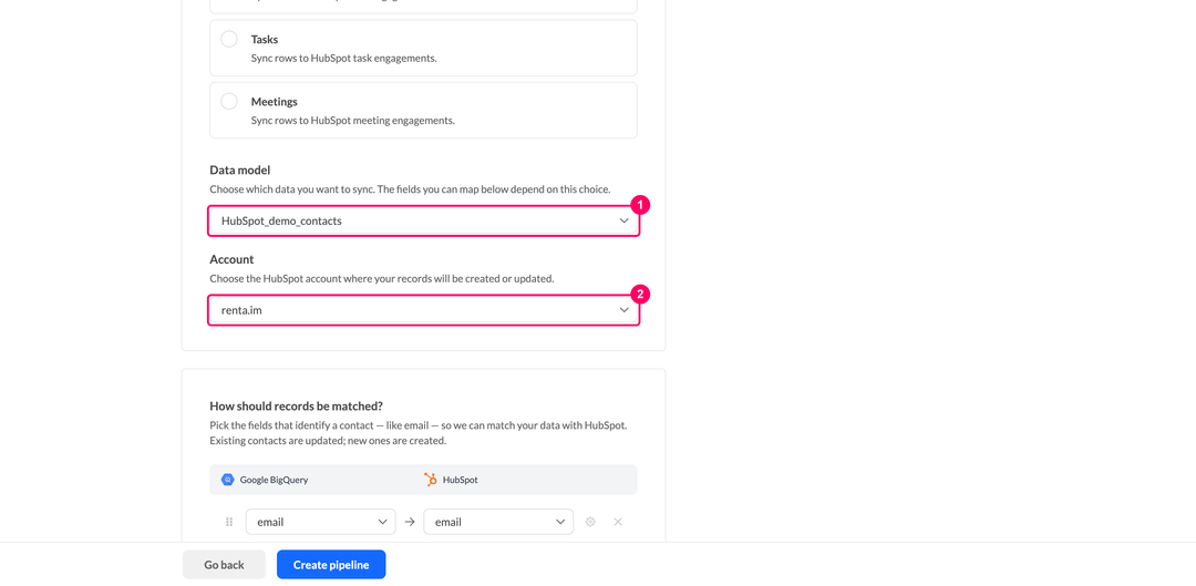 Data model and Account dropdowns in the HubSpot pipeline settings