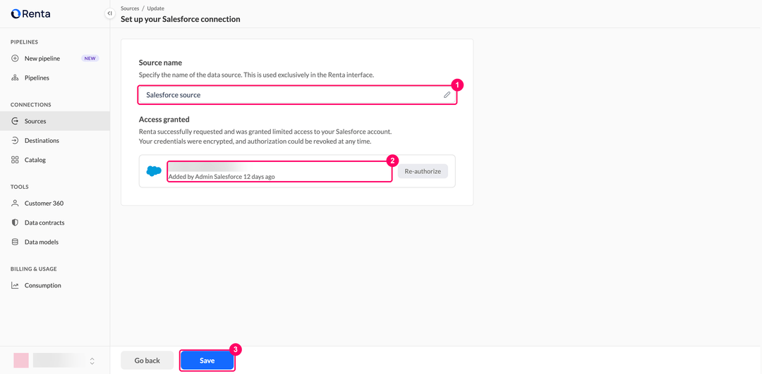 Поле Source name и подтверждённый аккаунт Salesforce в форме подключения