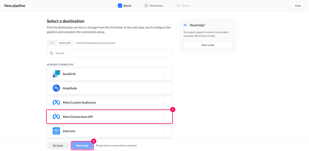 Select a destination step with Meta Conversions API listed under Already connected