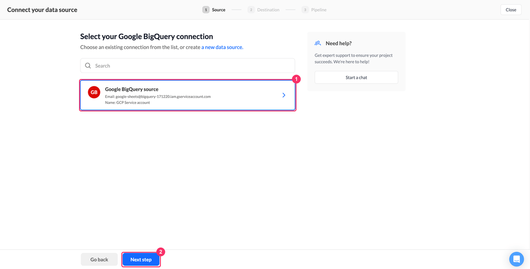 Шаг выбора подключения Google BigQuery в мастере пайплайна