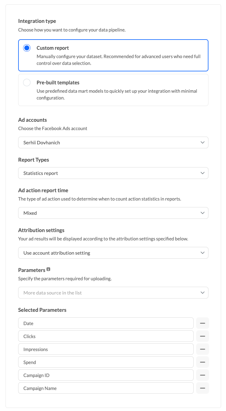 Настройки пайплайна Facebook Ads