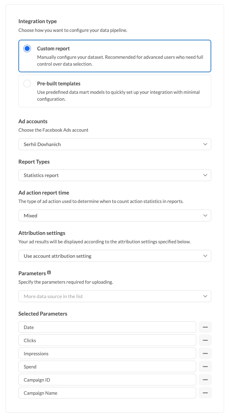 Настройки пайплайна Facebook Ads