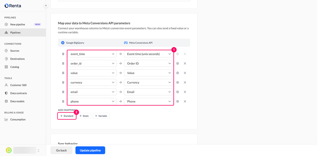 Mapping data model columns to Meta Conversions API event parameters