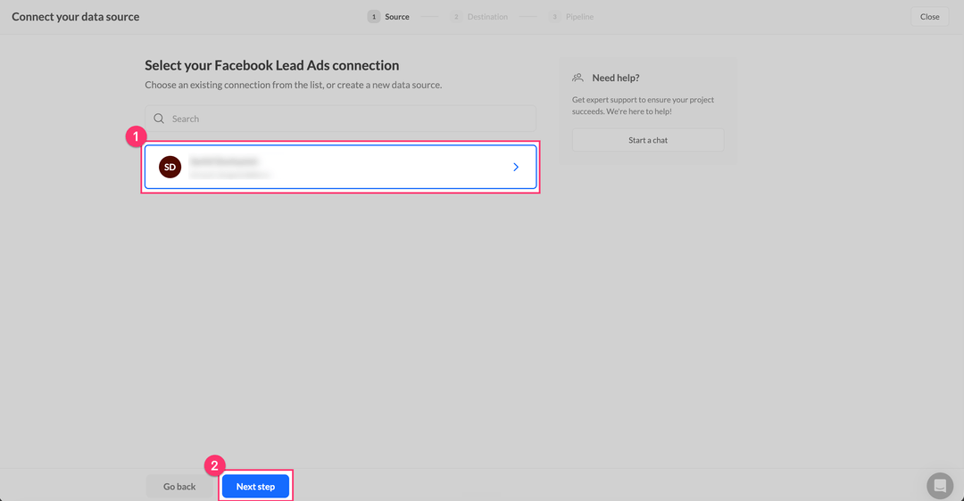 Select your Facebook Lead Ads connection step