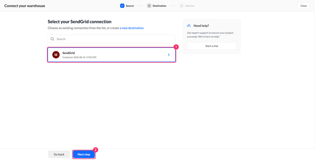 Шаг выбора подключения SendGrid с карточкой подключения и кнопкой Next step