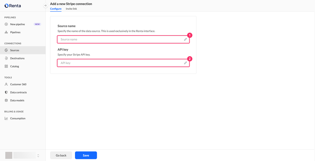 Страница добавления подключения Stripe с полями Source name и API key