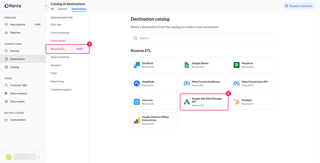 Карточка Google Ads Data Manager API в категории Reverse ETL каталога назначений Renta
