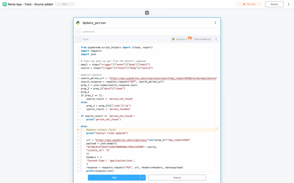 Custom python code that updates fields in Pipedrive CRM