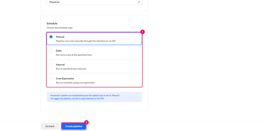 Выбор типа расписания для пайплайна Pipedrive с отмеченным вариантом Manual