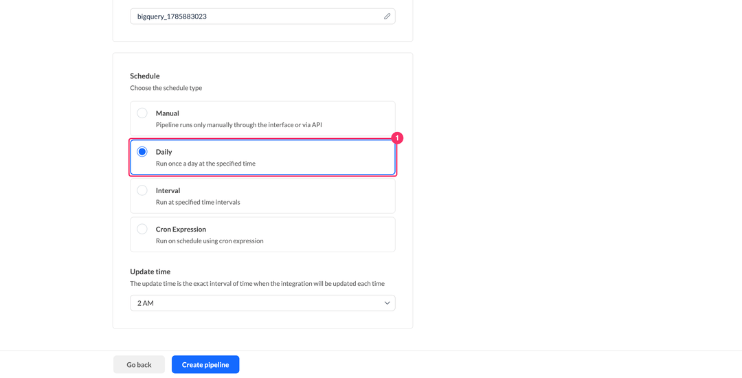 Google BigQuery schedule type selection with the Daily option checked