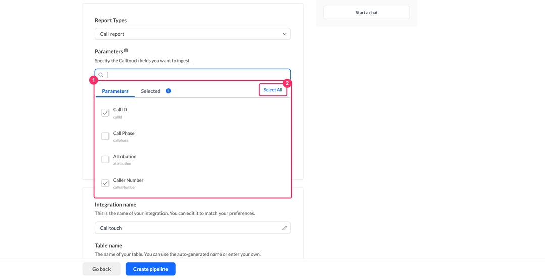 Панель выбора параметров Calltouch с вкладками Parameters и Selected и кнопкой Select All