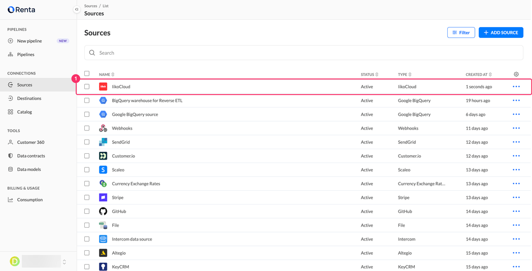 Sources list with the new IikoCloud connection in the Active status