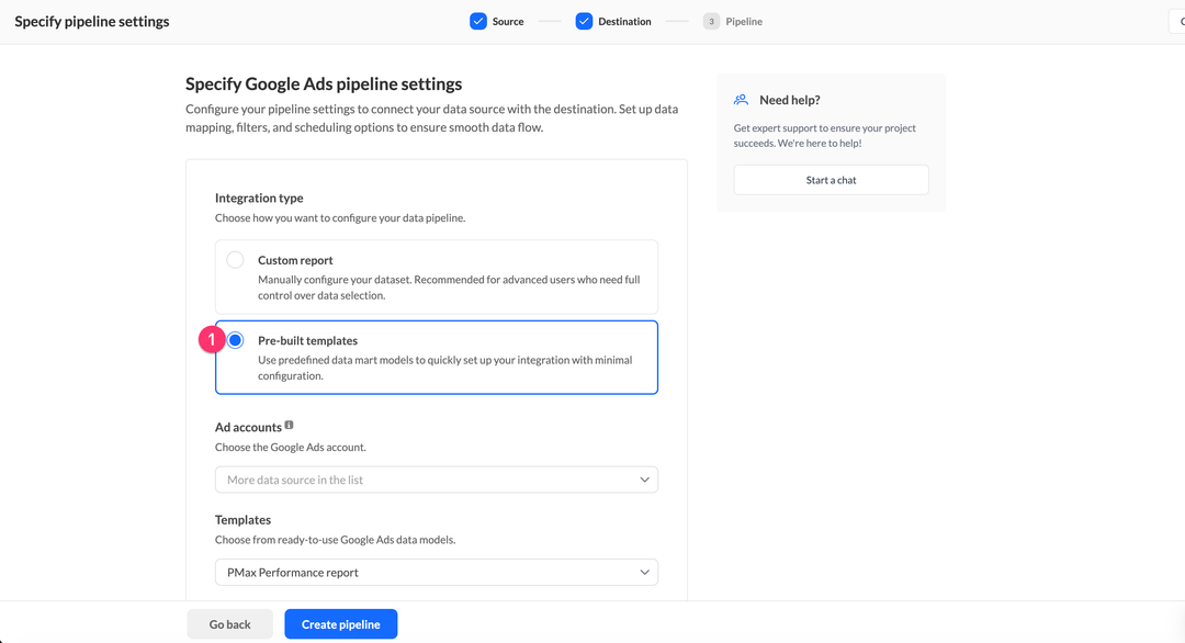 Select Pre-built templates integration type