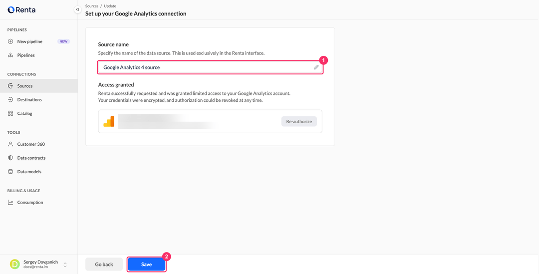 Настройка подключения Google Analytics: имя источника и предоставленный доступ
