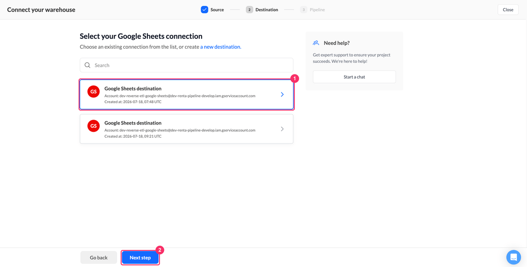 Шаг выбора подключения Google Sheets с email сервисного аккаунта на карточке