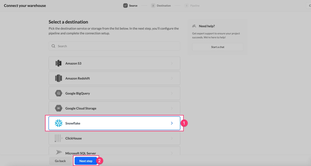 Selecting the Snowflake destination from the list of connections