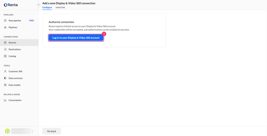 Authorize connection page with the login button for Display & Video 360