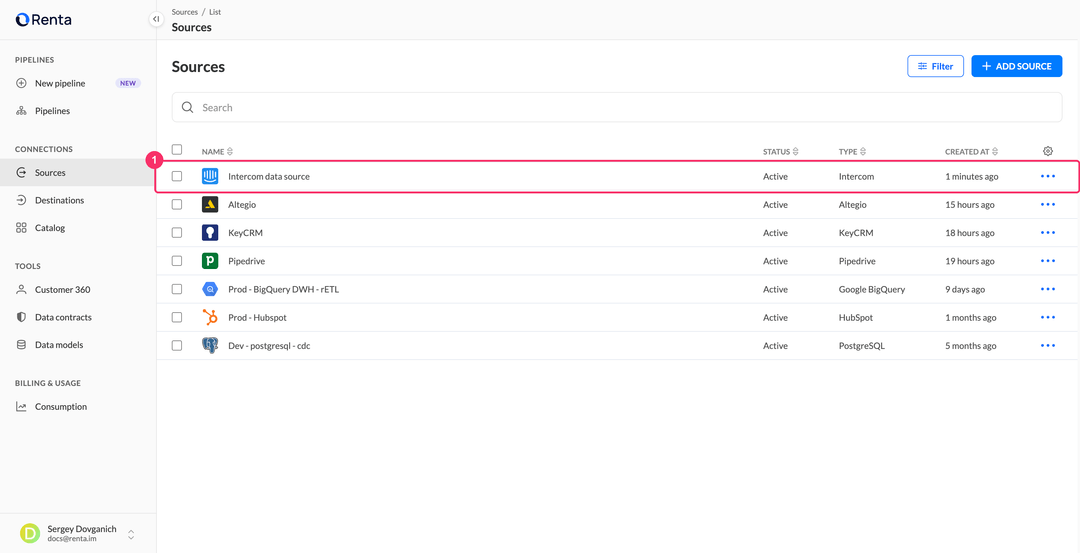 Sources list with the new Intercom source in the Active status