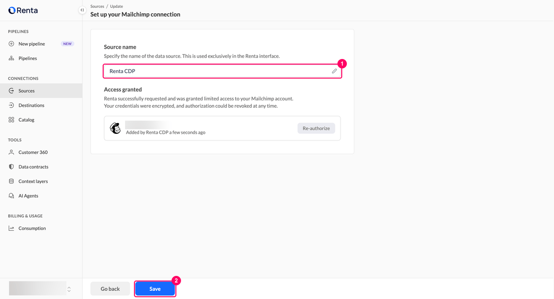 Set up your Mailchimp connection page with the Source name field, the Access granted block, and the Save button