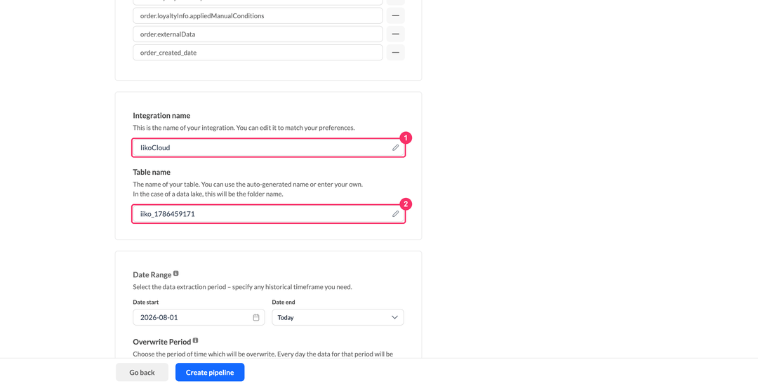 Integration name and Table name fields in the pipeline settings