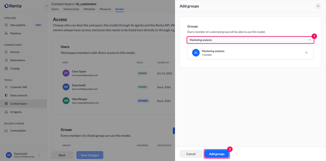 Add groups panel with a selected group and the Add groups button