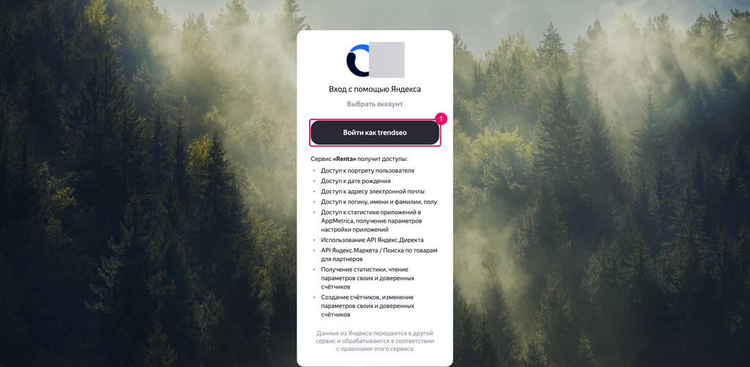 Yandex OAuth consent screen listing the requested permissions and the sign-in button