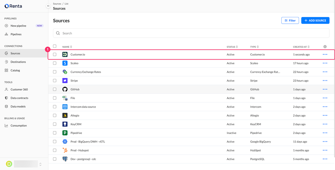 Sources list with the new Customer.io source in the Active status
