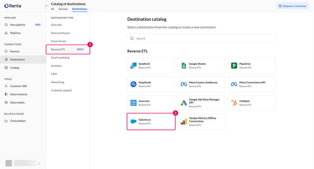 Карточка Salesforce в категории Reverse ETL каталога назначений Renta