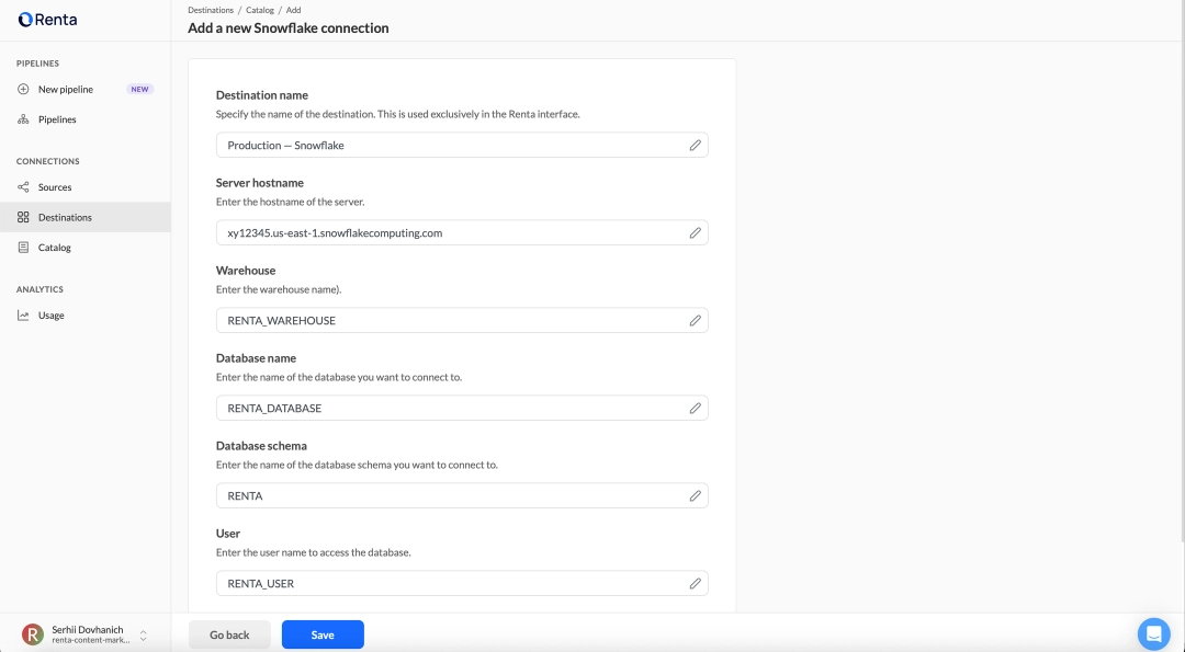 Snowflake connection settings