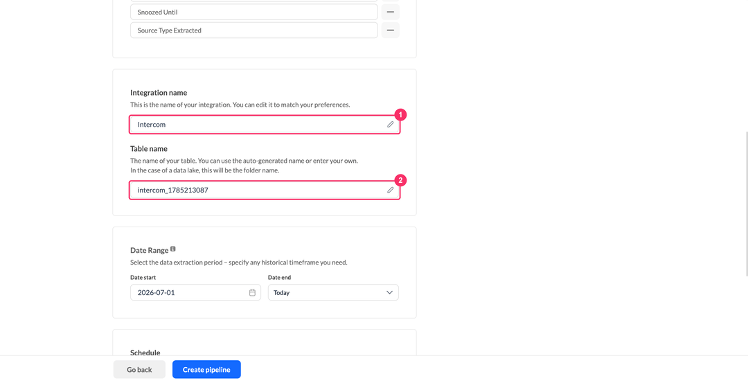 Intercom integration name and table name fields with the selected fields list above